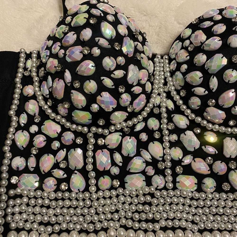 Black Bejeweled Pearl Statement piece Bustier. Iridescent stone covering